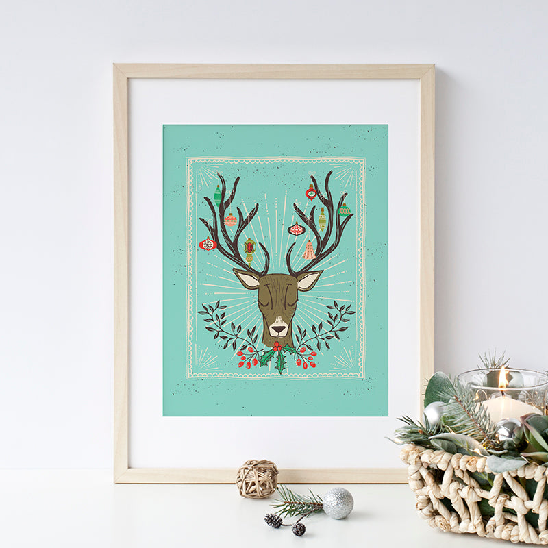 Christmas Deer Antlers and Ornaments Art Poster Print