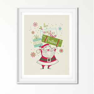 Holly Jolly Santa with Presents Art Poster Print