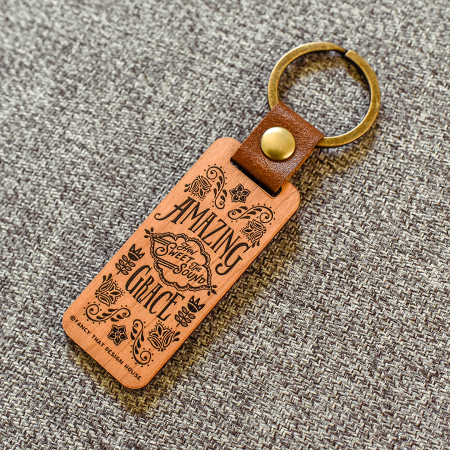 Amazing Grace Wooden with Leather Loop Hymn Keychain