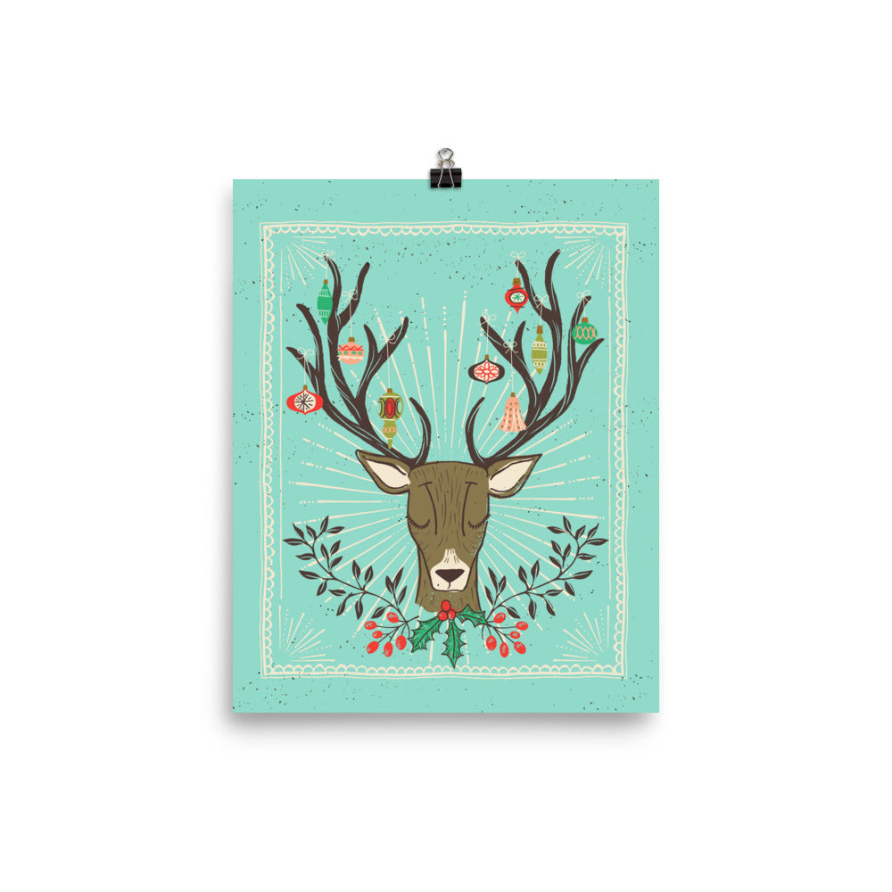 Christmas Deer Antlers and Ornaments Art Poster Print