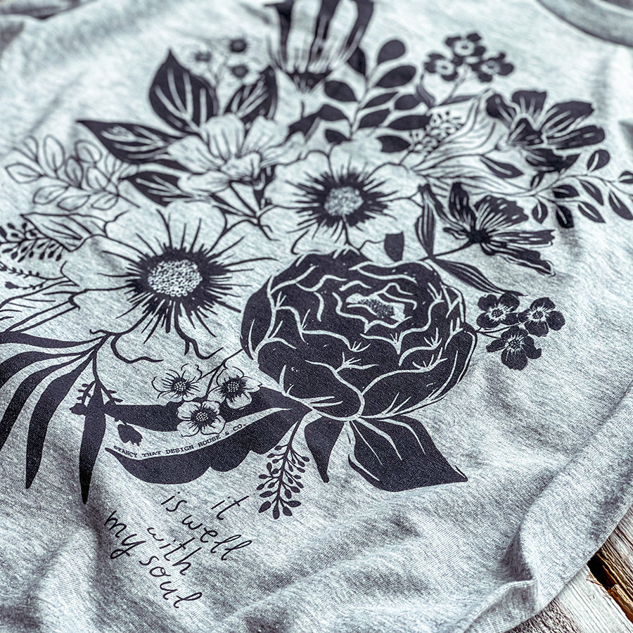 It Is Well with My Soul black Floral print Tee / Tshirt