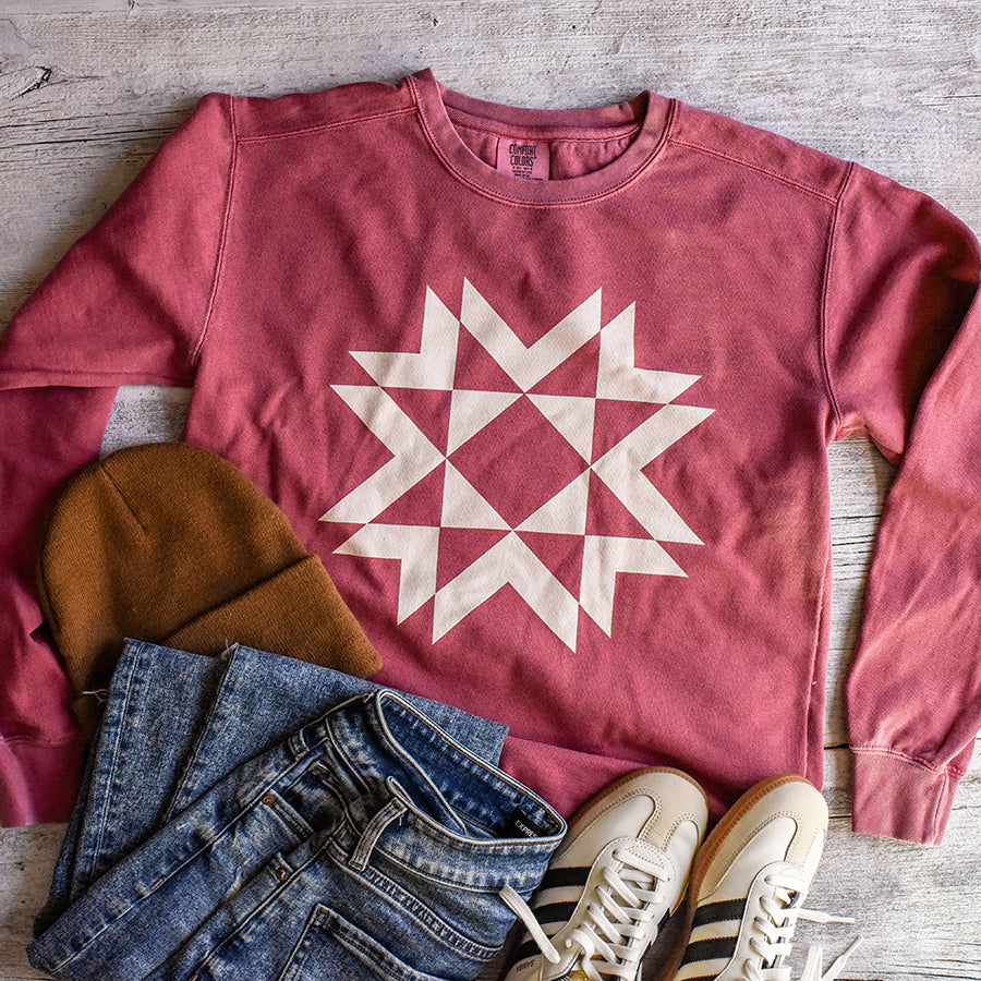 Cream Print Quilt Block Garment Dyed Sweatshirt