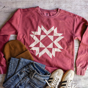 Cream Print Quilt Block Garment Dyed Sweatshirt