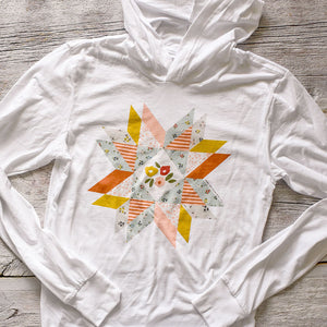 Floral Fill Quilt Block Star Hooded Long Sleeve Tee