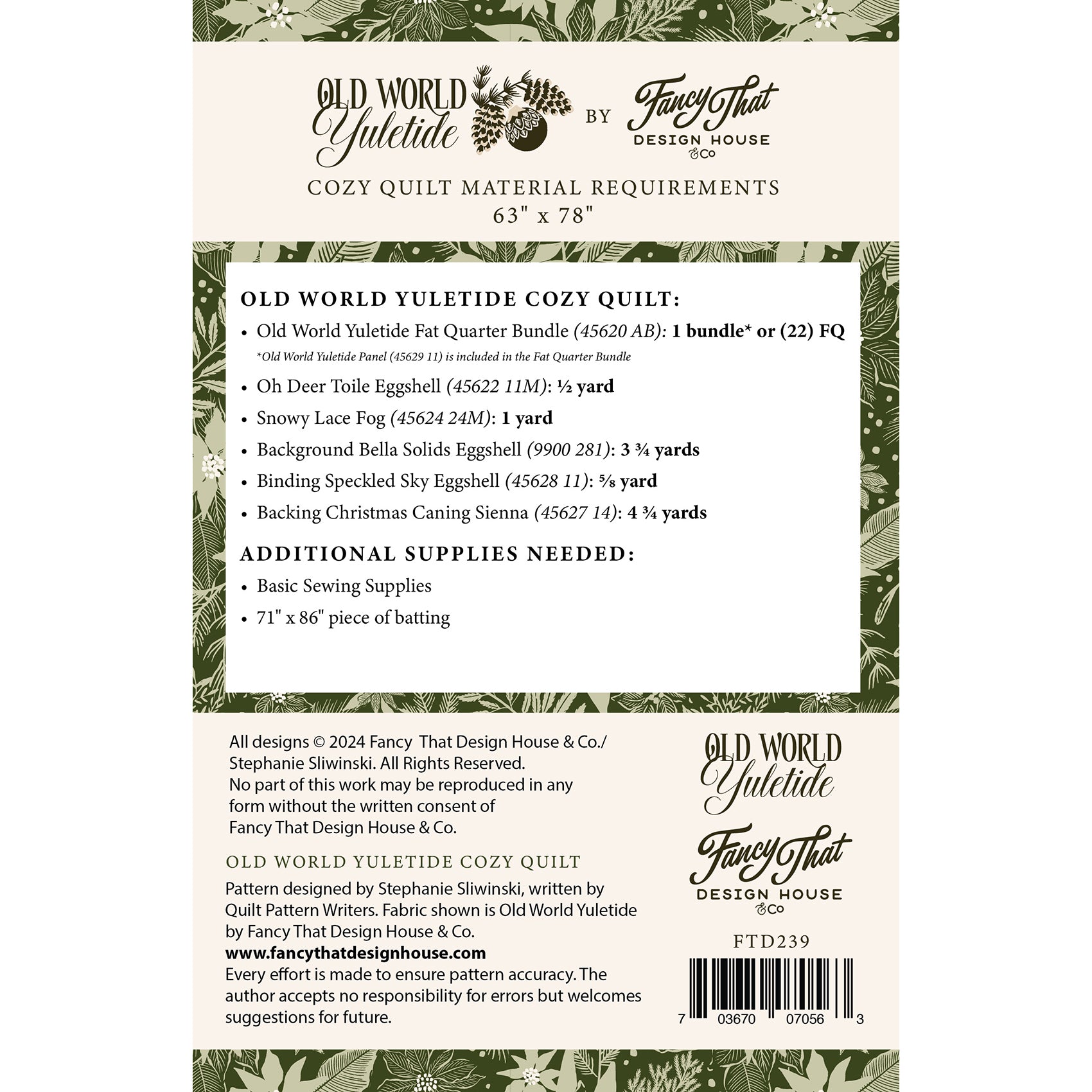 Moda Old World Yuletide Cozy Quilt Printed Pattern