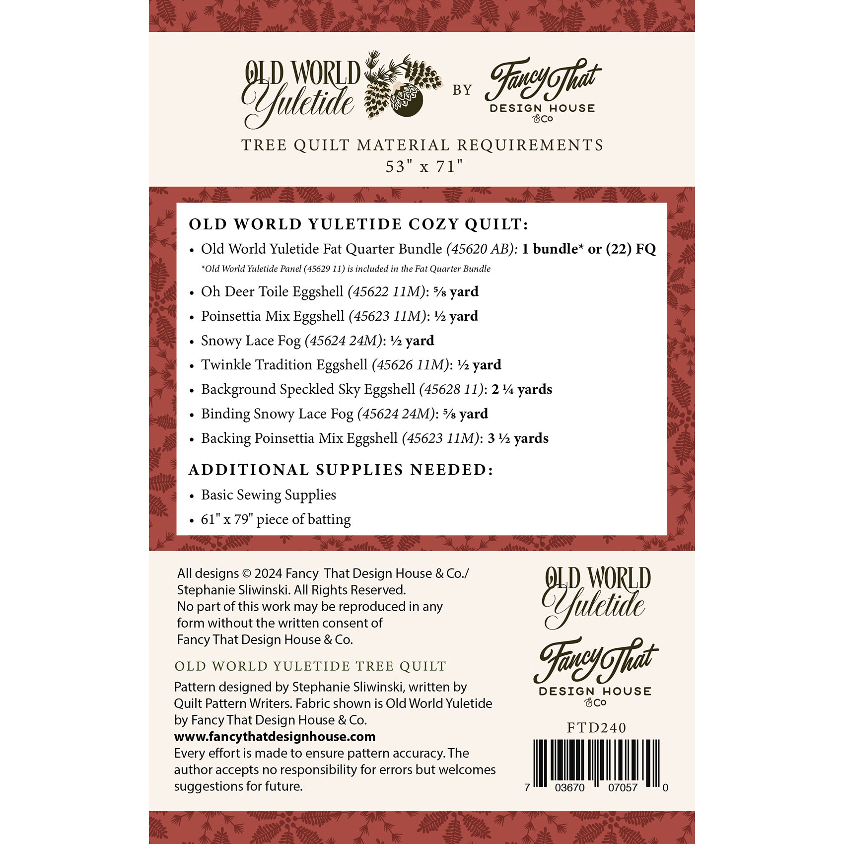 Moda Old World Yuletide Tree Quilt Printed Pattern