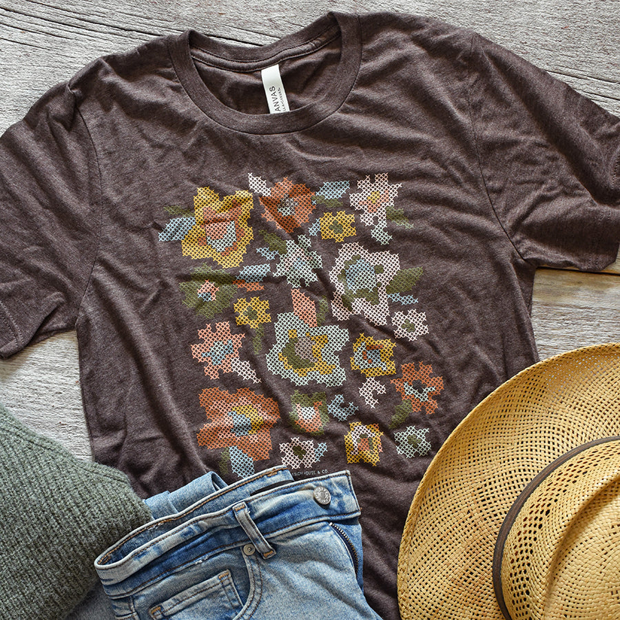 Cross Stitch Floral Triblend Tee / T Shirt