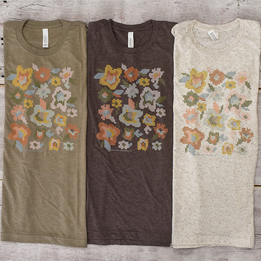 Cross Stitch Floral Triblend Tee / T Shirt