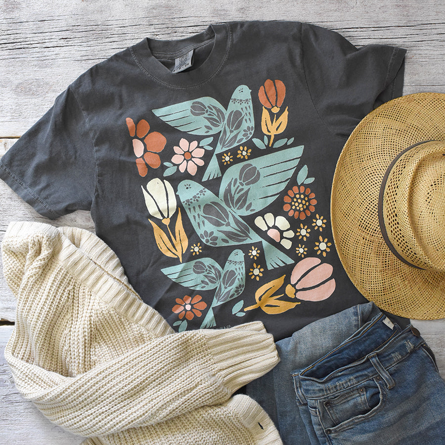 Floral Block Birds Comfort Colors 100% Cotton Tee / T Shirt