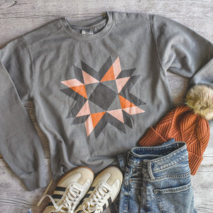 Coral / Orange Print Quilt Block Garment Dyed Sweatshirt