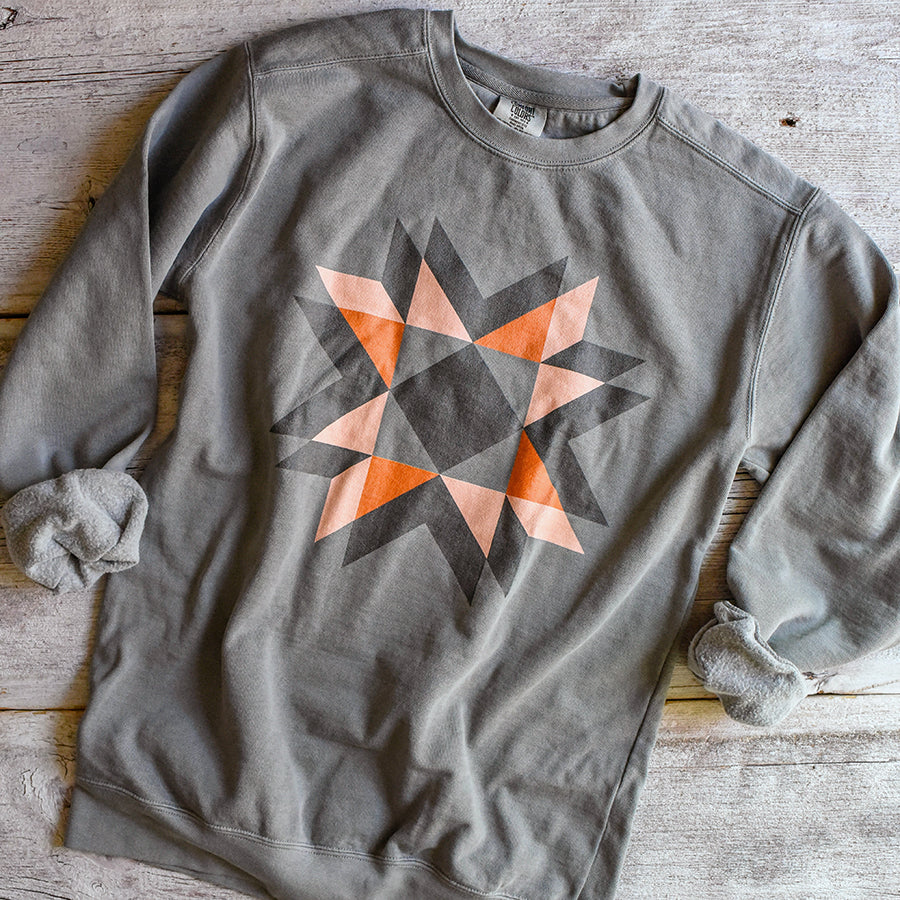 Coral / Orange Print Quilt Block Garment Dyed Sweatshirt