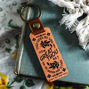How Great Thou Art Wooden with Leather Loop Hymn Keychain