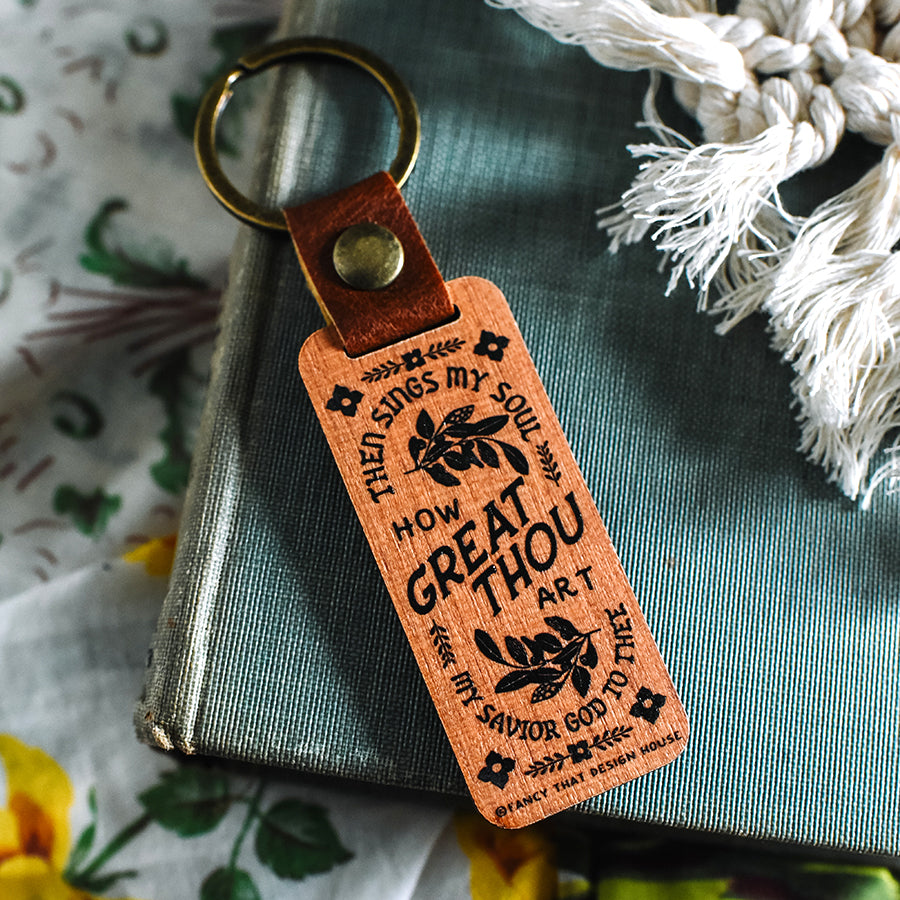How Great Thou Art Wooden with Leather Loop Hymn Keychain