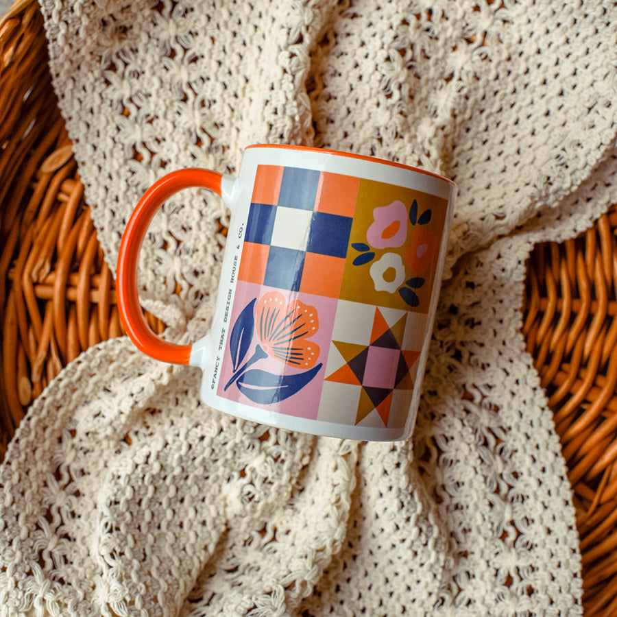 Floral Quilt Block Mug - Orange/Pink