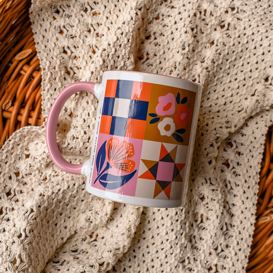 Floral Quilt Block Mug - Orange/Pink