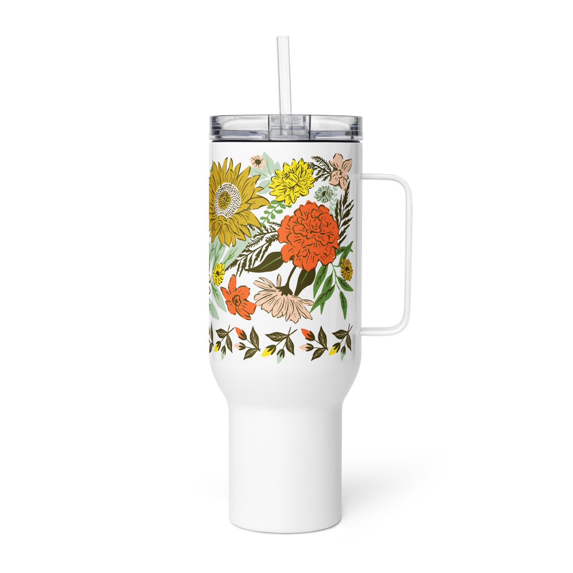 Happy Florals Stainless Steel Travel Mug with Handle