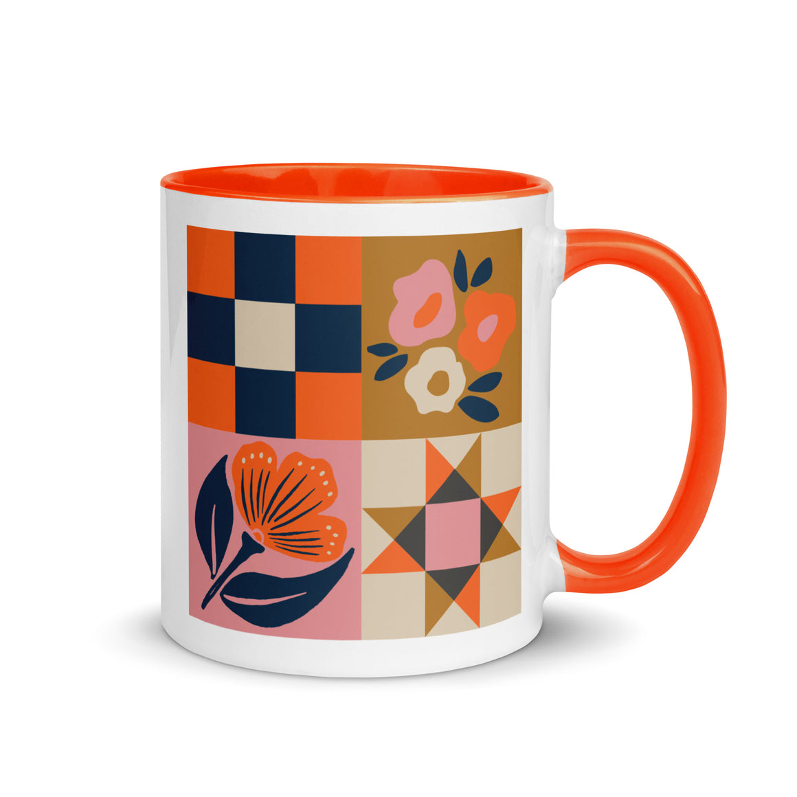 Floral Quilt Block Mug - Orange/Pink