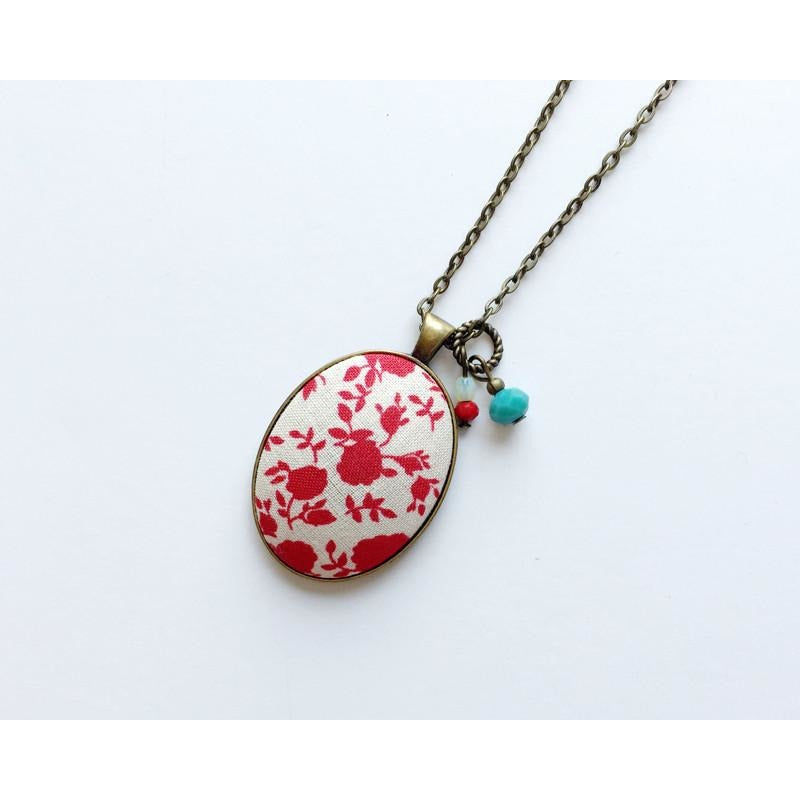Red Floral fabric pendant necklace