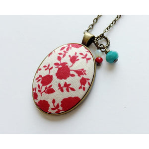 Red Floral fabric pendant necklace