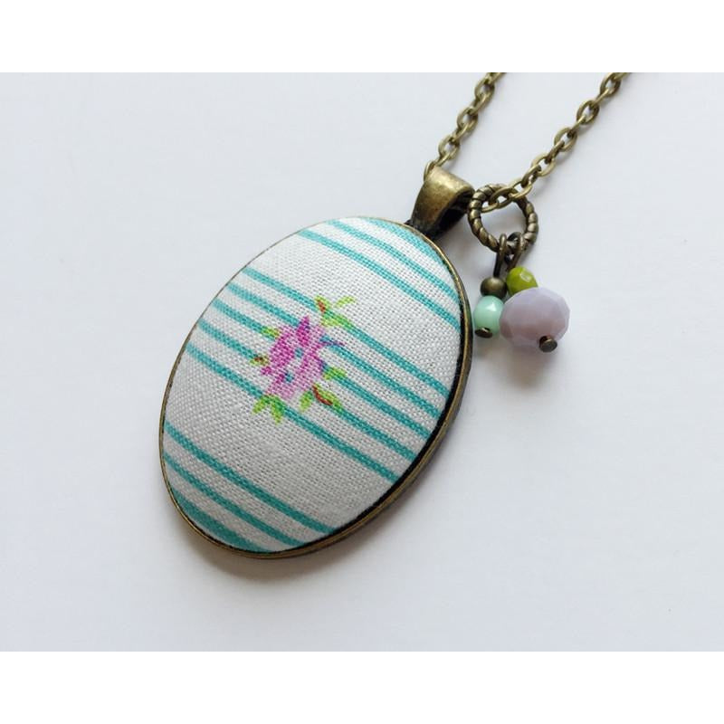 Stripes with Mini Floral fabric pendant necklace