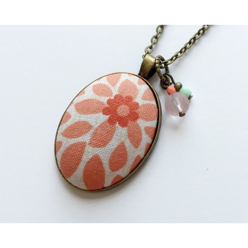 Peach/Coral Floral burst fabric pendant necklace