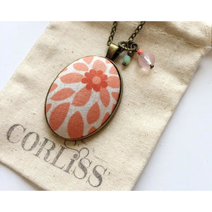 Peach/Coral Floral burst fabric pendant necklace