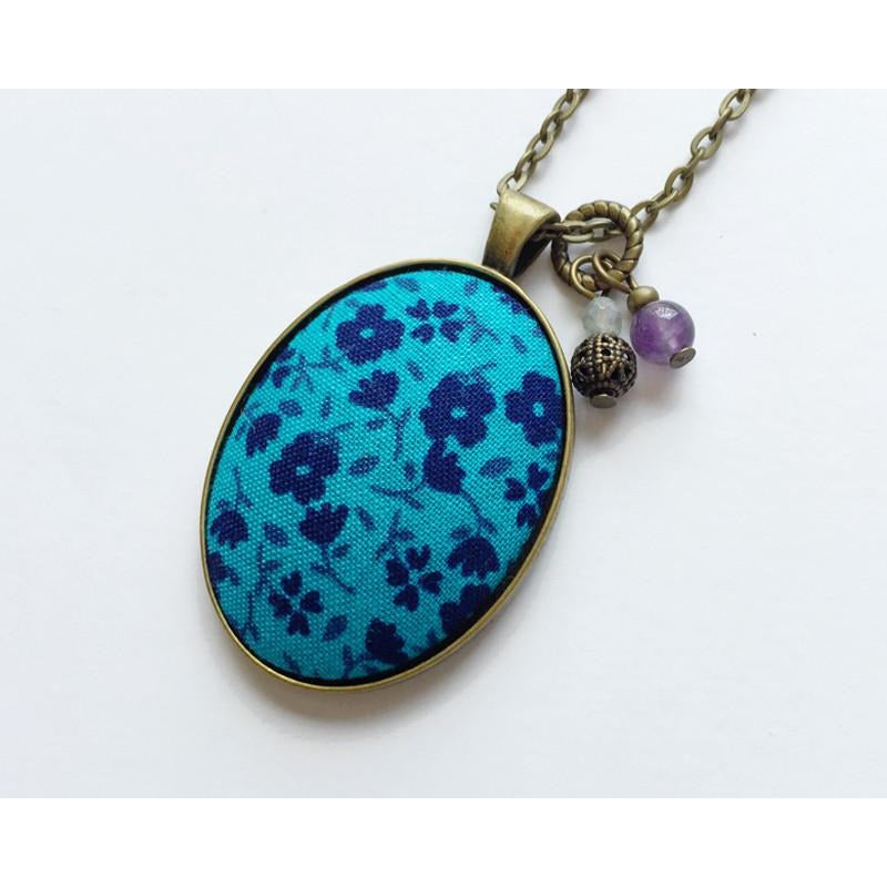 Teal/Blue Floral fabric pendant necklace