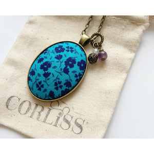Teal/Blue Floral fabric pendant necklace