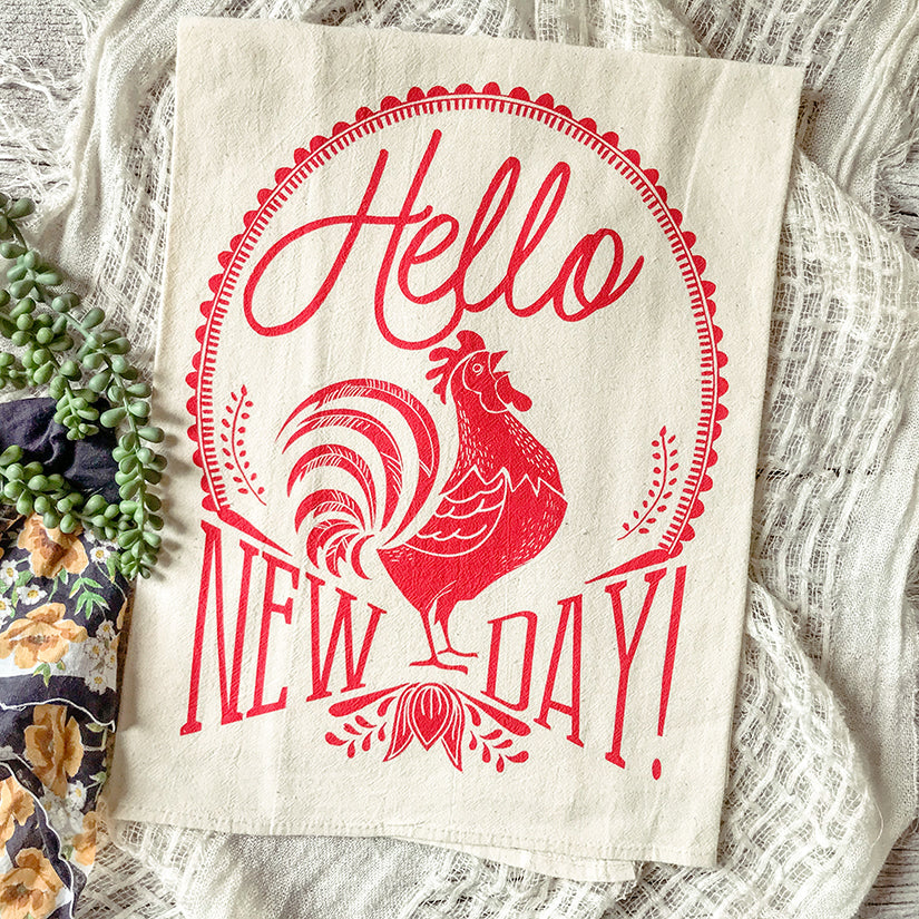 Hello New Day! Bright & Cheery Rooster Tea Towel