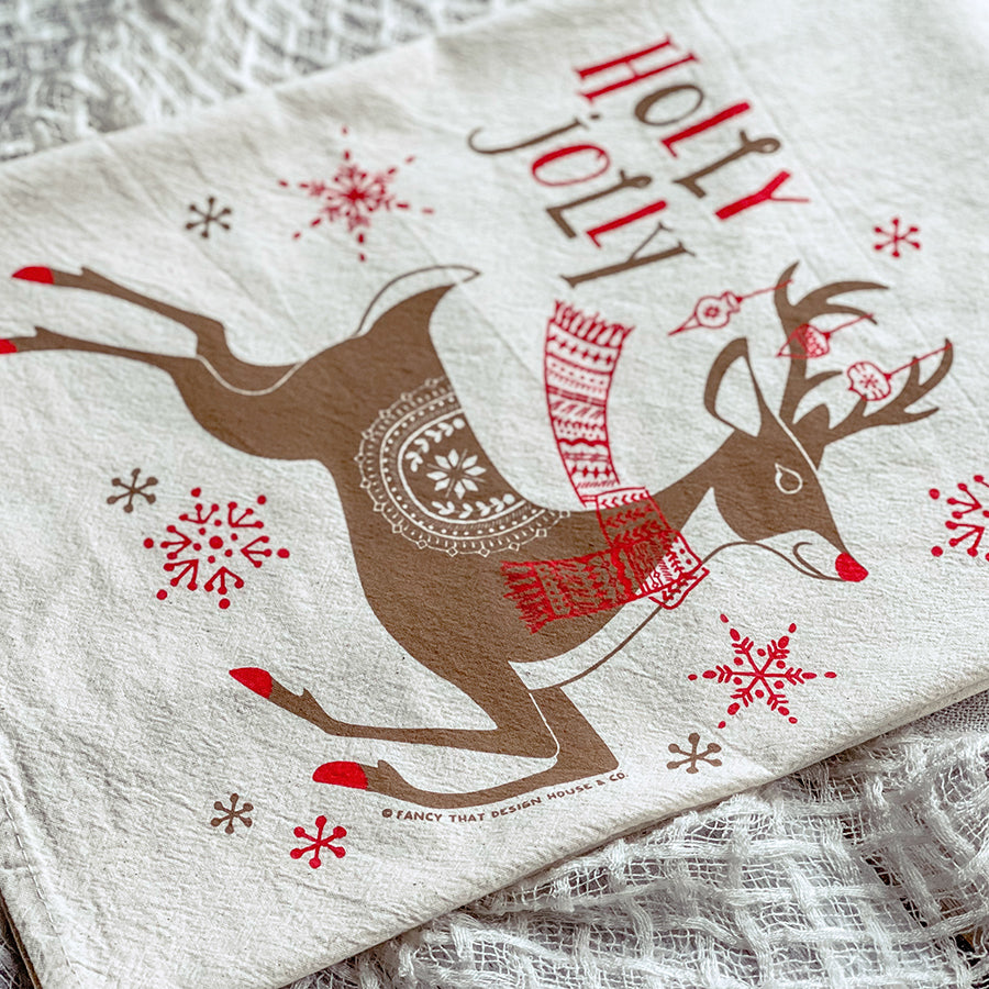 Holly Jolly Dashing Reindeer Christmas/Holiday Tea Towel