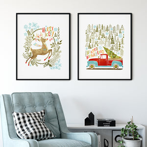 Holly Jolly Christmas Deer Art Poster Print