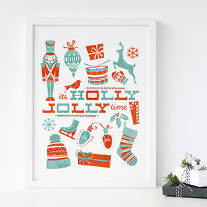 Holly Jolly Christmas Elements Art Poster Print