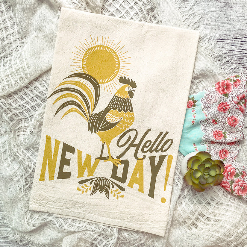 Hello New Day! Cheery Rooster Tea Towel