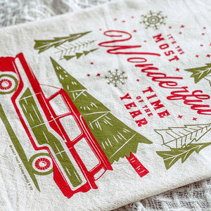 Most Wonderful Time of the Year Vintage Wagon Christmas/Holiday Tea Towel
