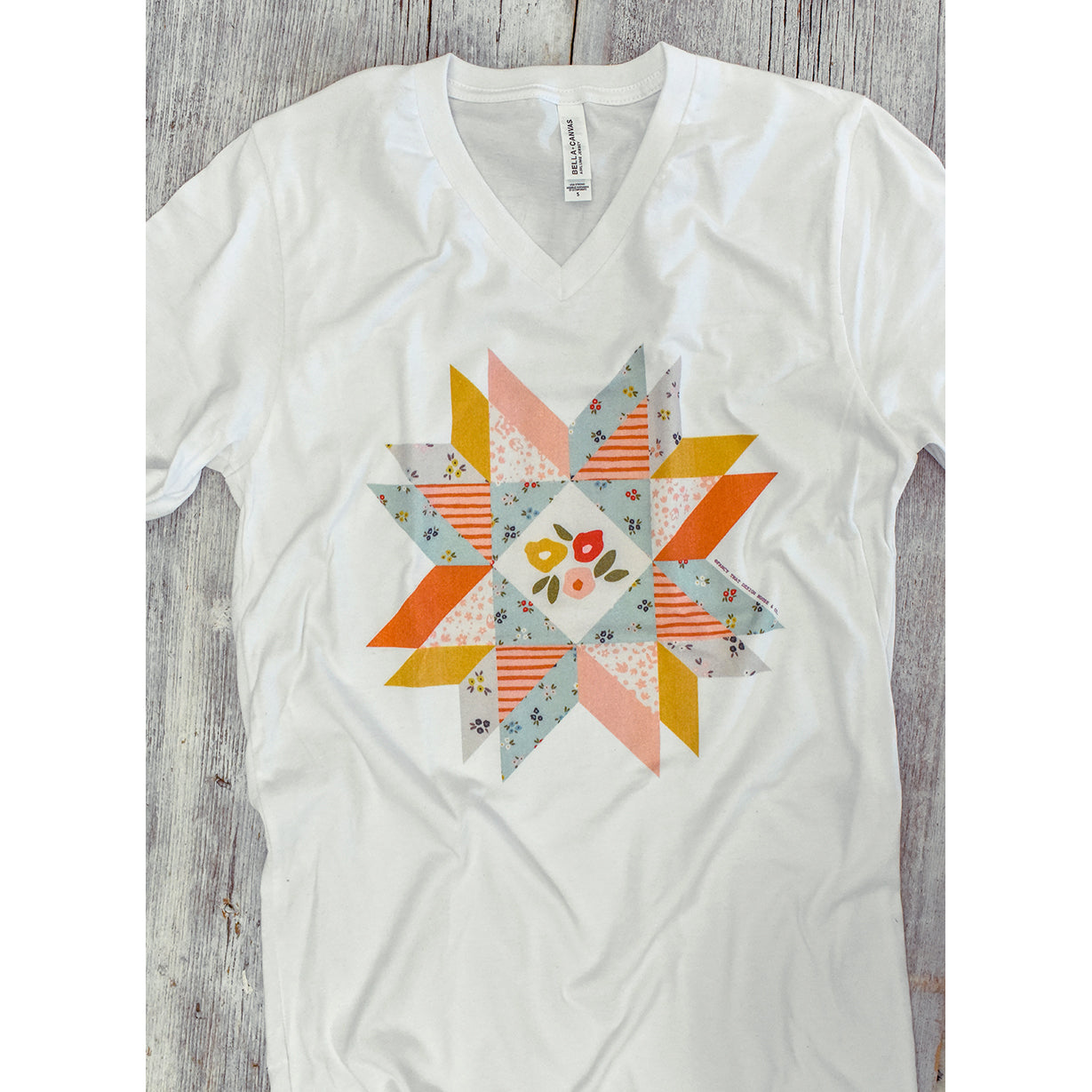 Floral Fill Quilt Block Star V Neck Tee / V Neck T Shirt