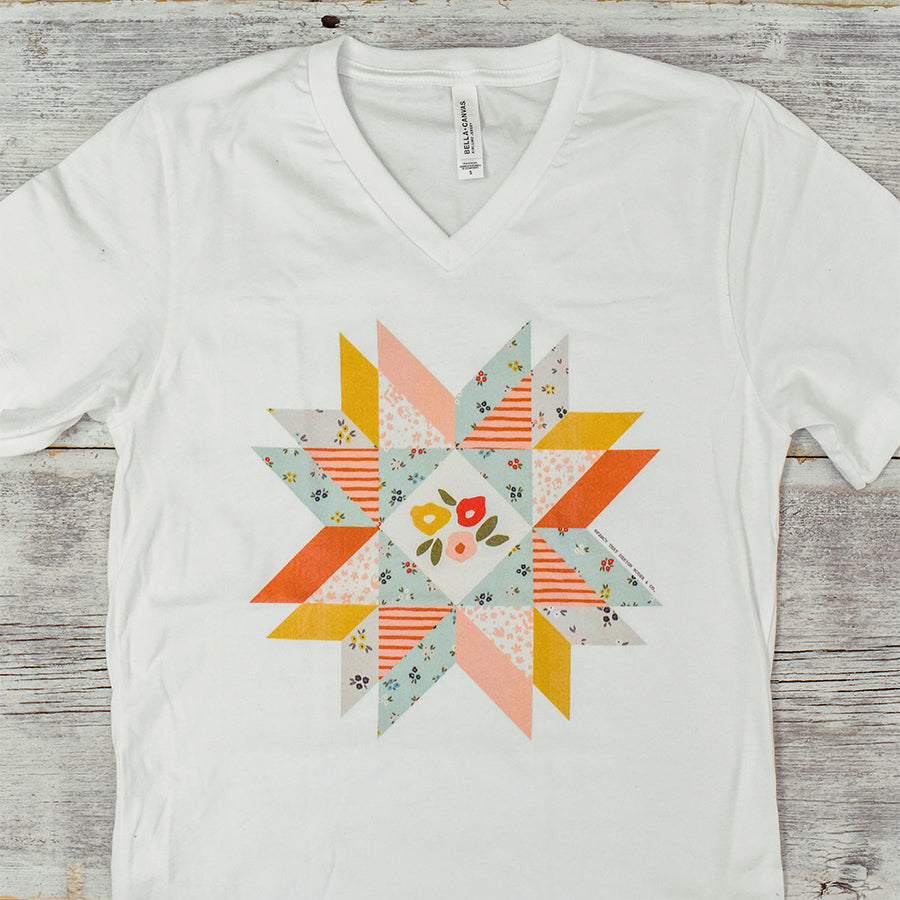 Floral Fill Quilt Block Star V Neck Tee / V Neck T Shirt