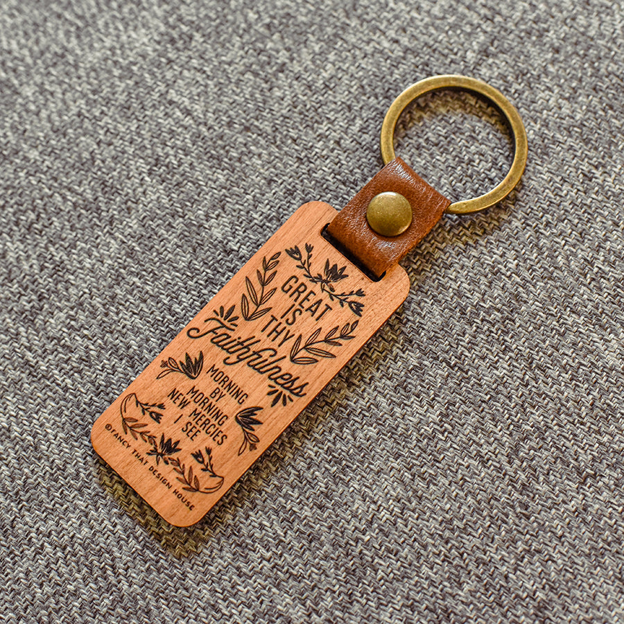Great is Thy Faithfulness Wooden with Leather Loop Hymn Keychain
