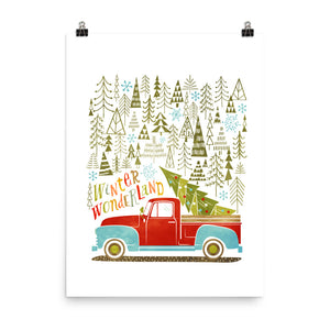 Winter Wonderland Tree Farm Pick Up Truck Art Poster Print