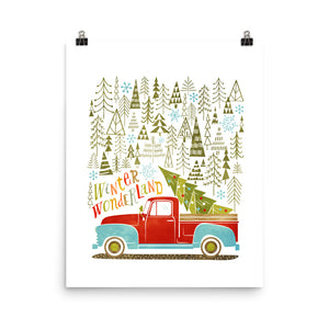 Winter Wonderland Tree Farm Pick Up Truck Art Poster Print