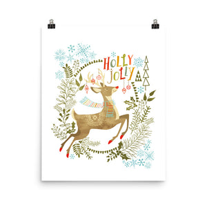 Holly Jolly Christmas Deer Art Poster Print
