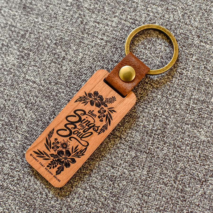 Then Sings My Soul Wooden with Leather Loop Hymn Keychain