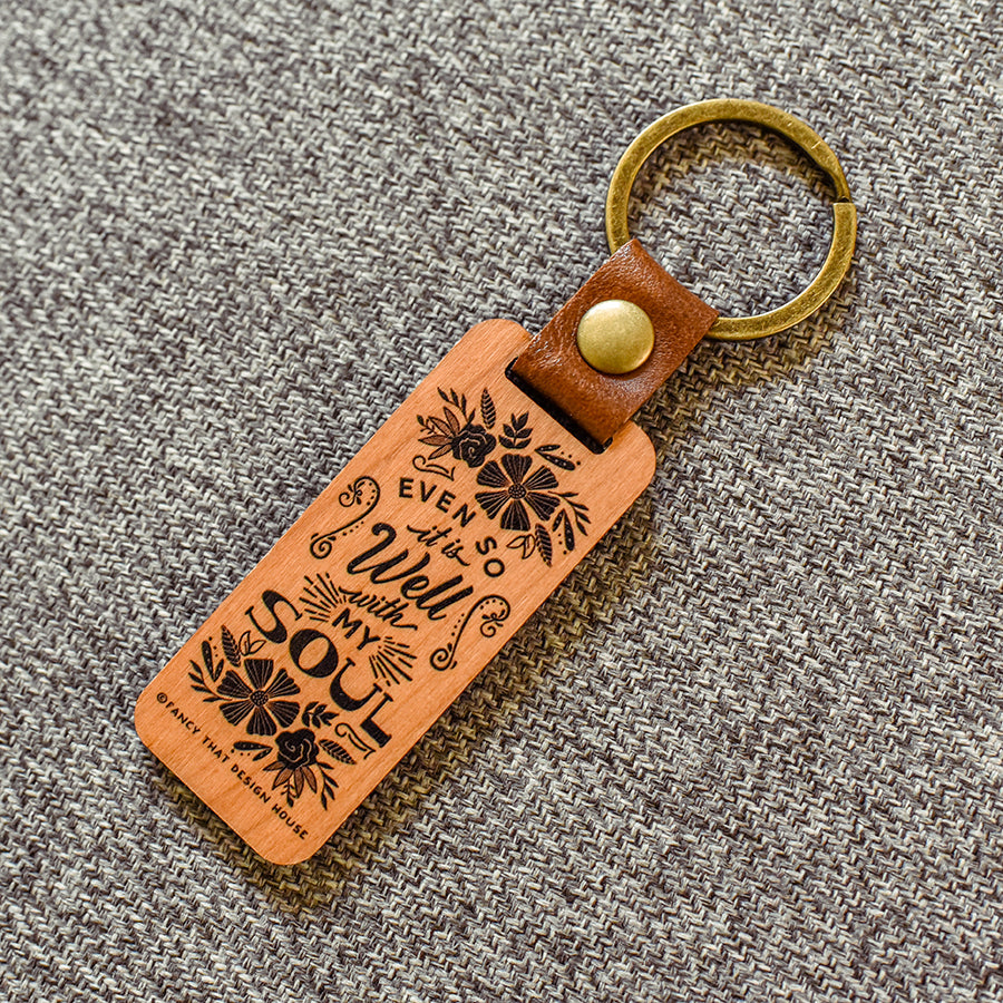 It Is Well with My Soul Wooden with Leather Loop Hymn Keychain
